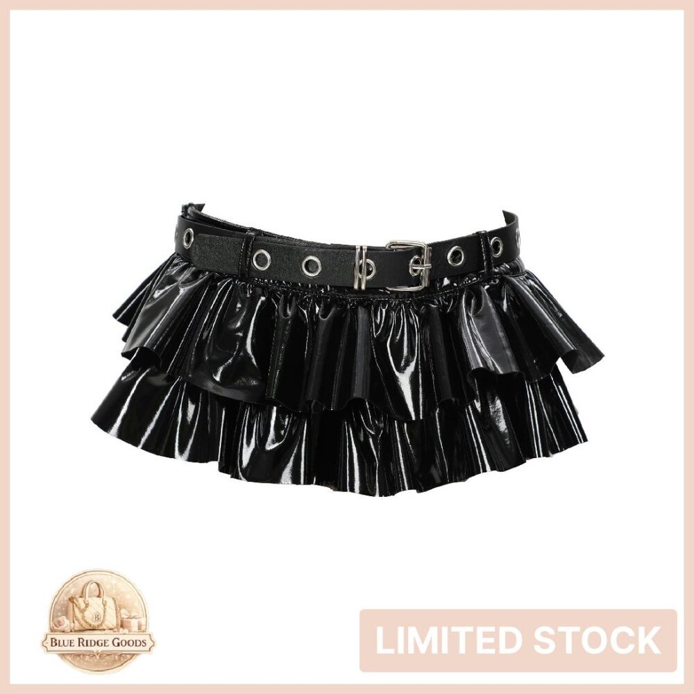 Gothic Punk Mini Skirt Shiny Leather Pleated Edge Y2K Club Wear